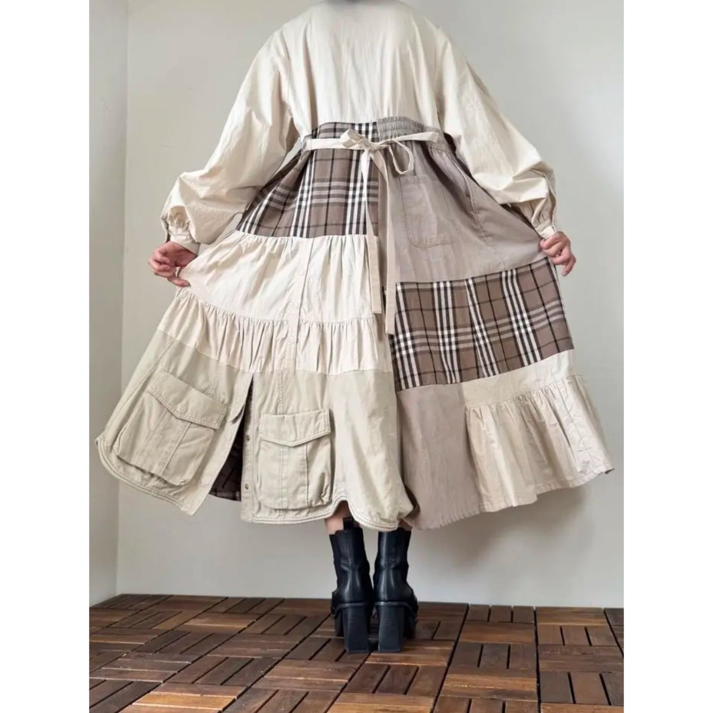 Upcycled Patchwork Midi Dress Crafted from Earth-Tone Secondhand Garments | One-of-a-Kind Handmade Piece