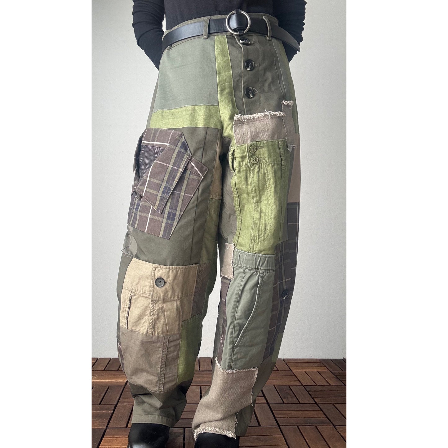 Upcycled Khaki Patchwork Pants, Balloon Silhouette Olive Green Trousers, Handmade Reworked Cotton Linen, One of a Kind