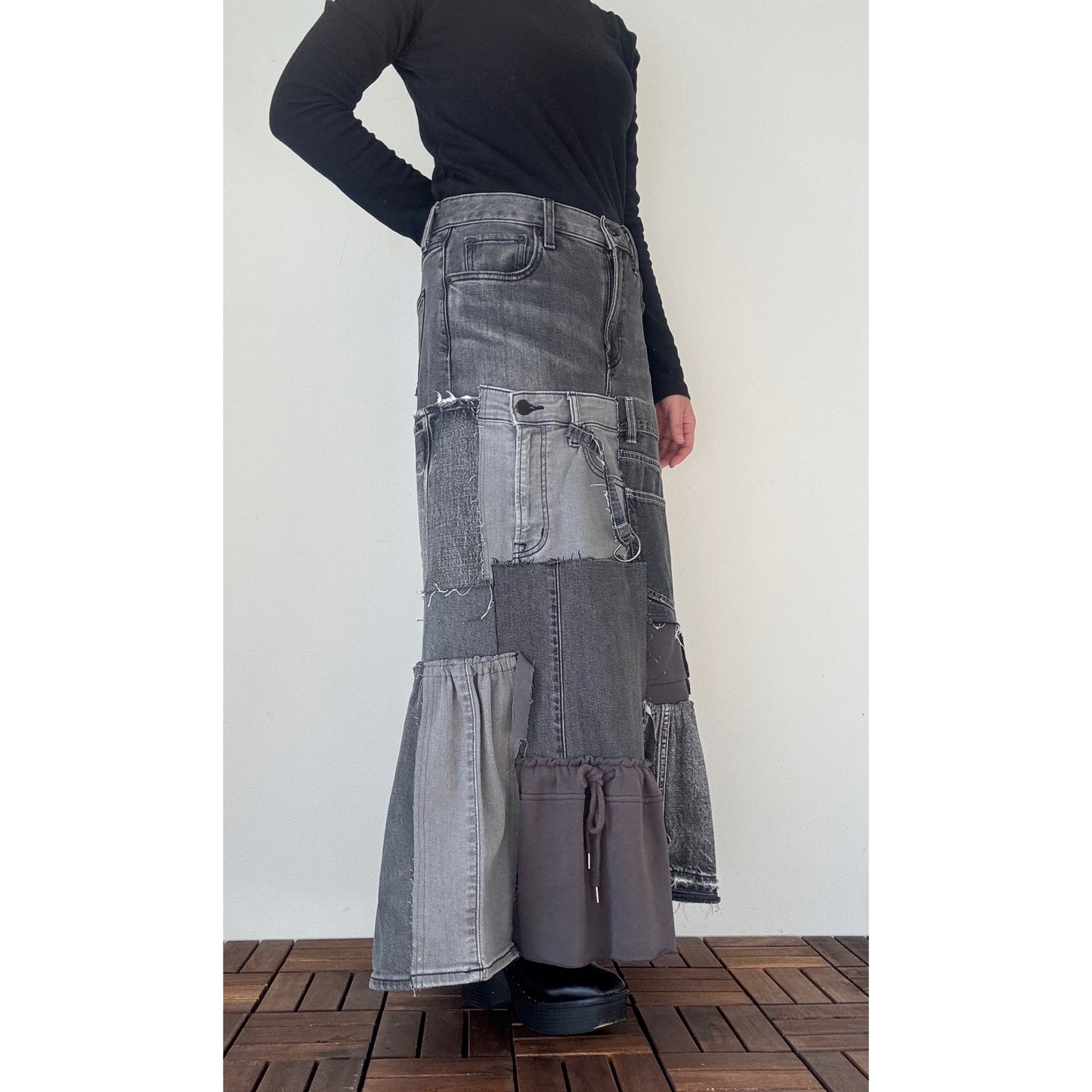 Upcycled Gray Denim Patchwork Long Skirt / Reconstructed Jeans Maxi Skirt / One-of-a-kind Handmade Upcycled Clothing