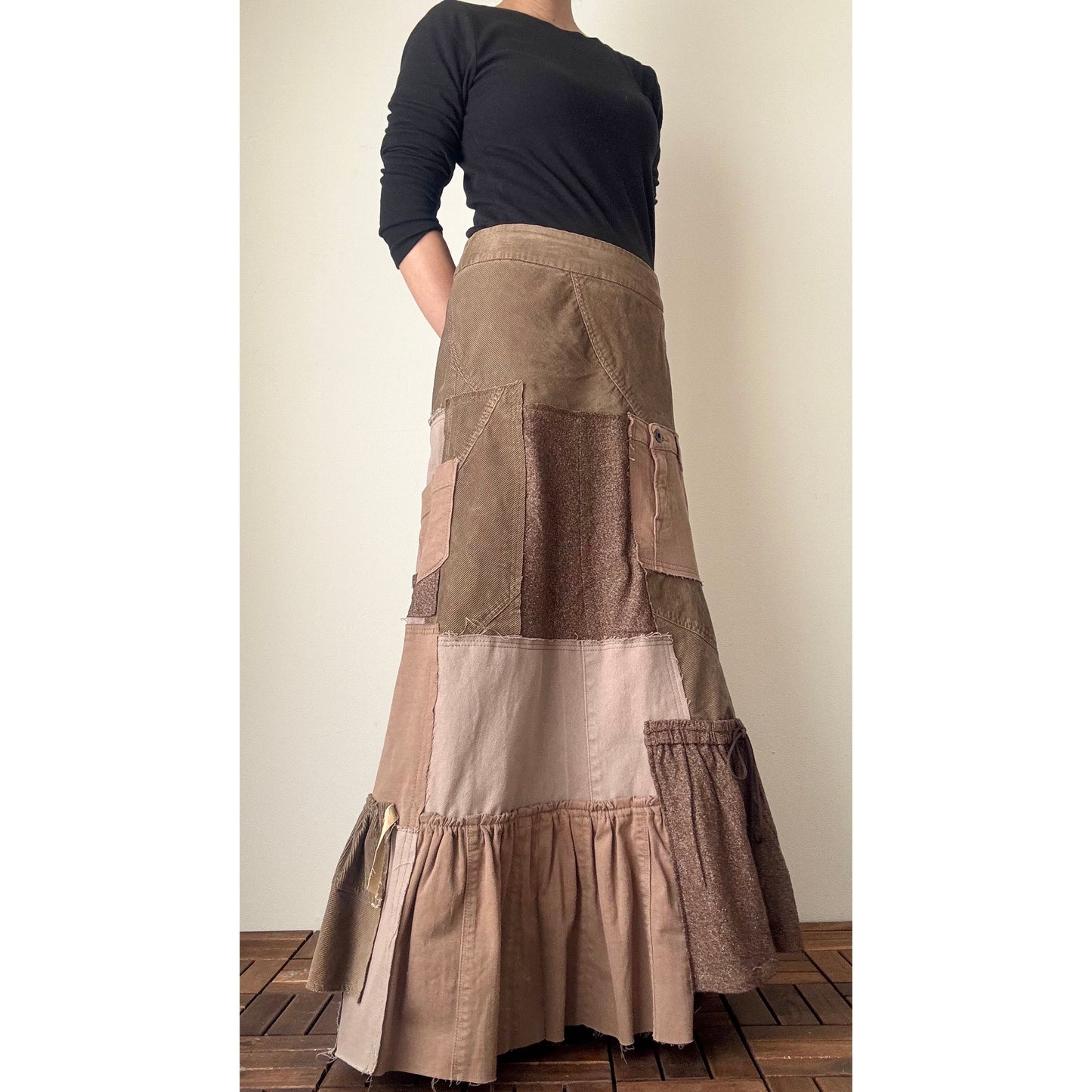 Upcycled Brown Patchwork Maxi Skirt / Mermaid Silhouette / Tweed & Corduroy / Preloved Denim / Fall–Winter