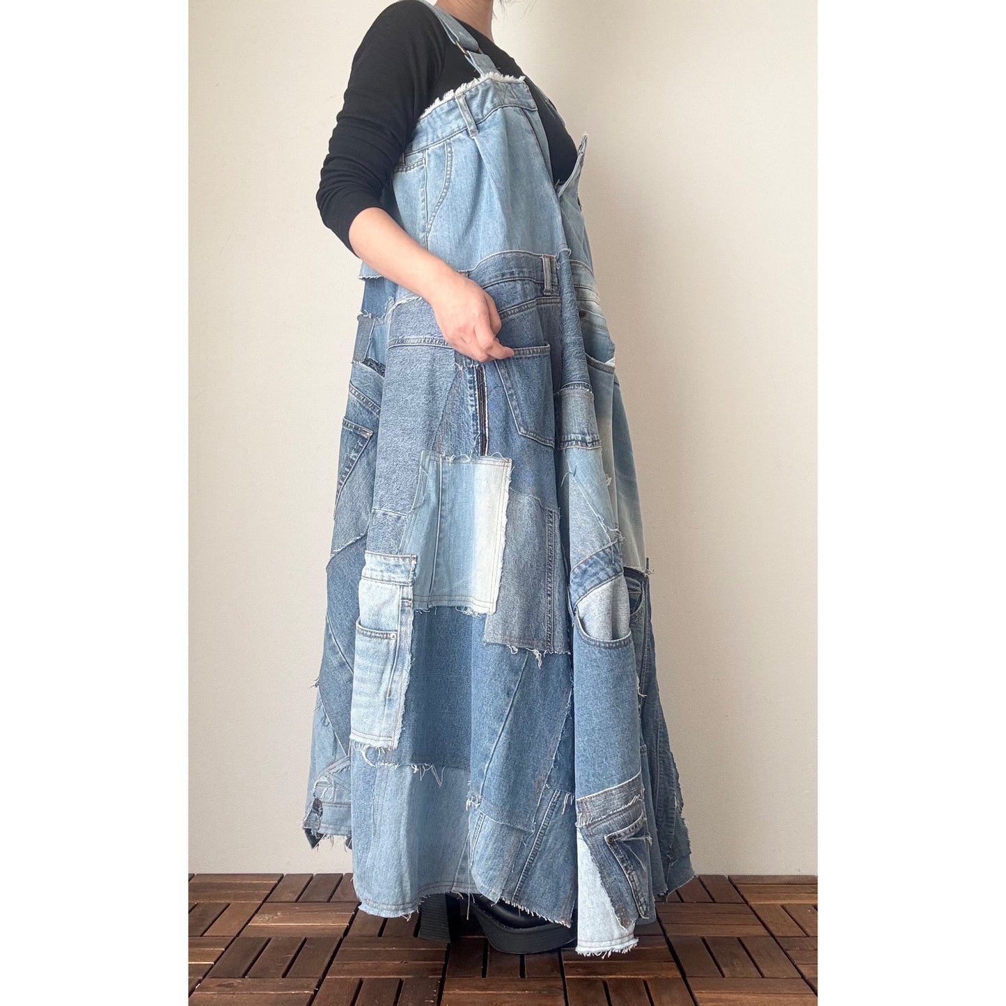 Bold Upcycled Denim Jumper Dress – Asymmetrical Patchwork Maxi, Handmade One-of-a-Kind