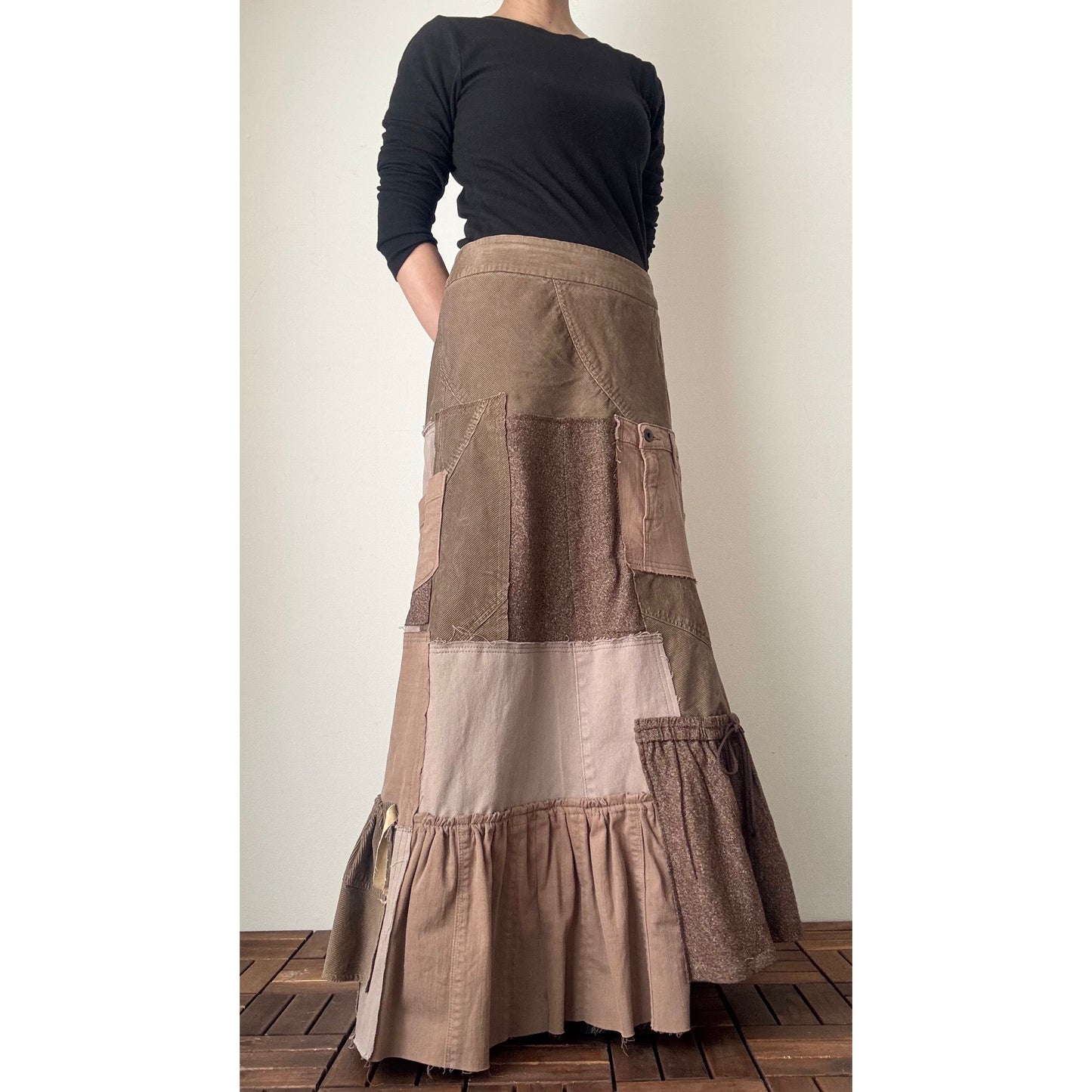 Upcycled Brown Patchwork Maxi Skirt / Mermaid Silhouette / Tweed & Corduroy / Preloved Denim / Fall–Winter
