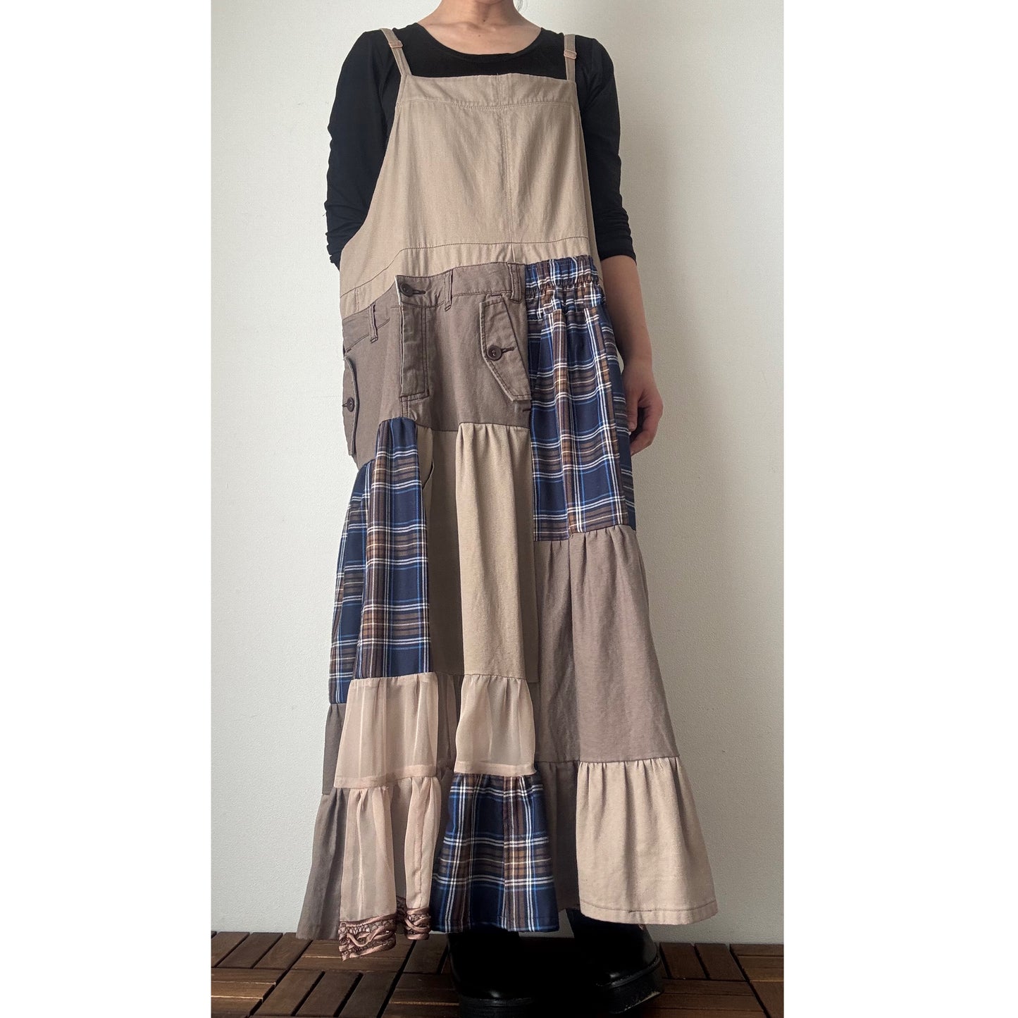 Upcycled Patchwork Jumper Dress – Beige & Navy Plaid Tiered One-of-a-Kind Piece