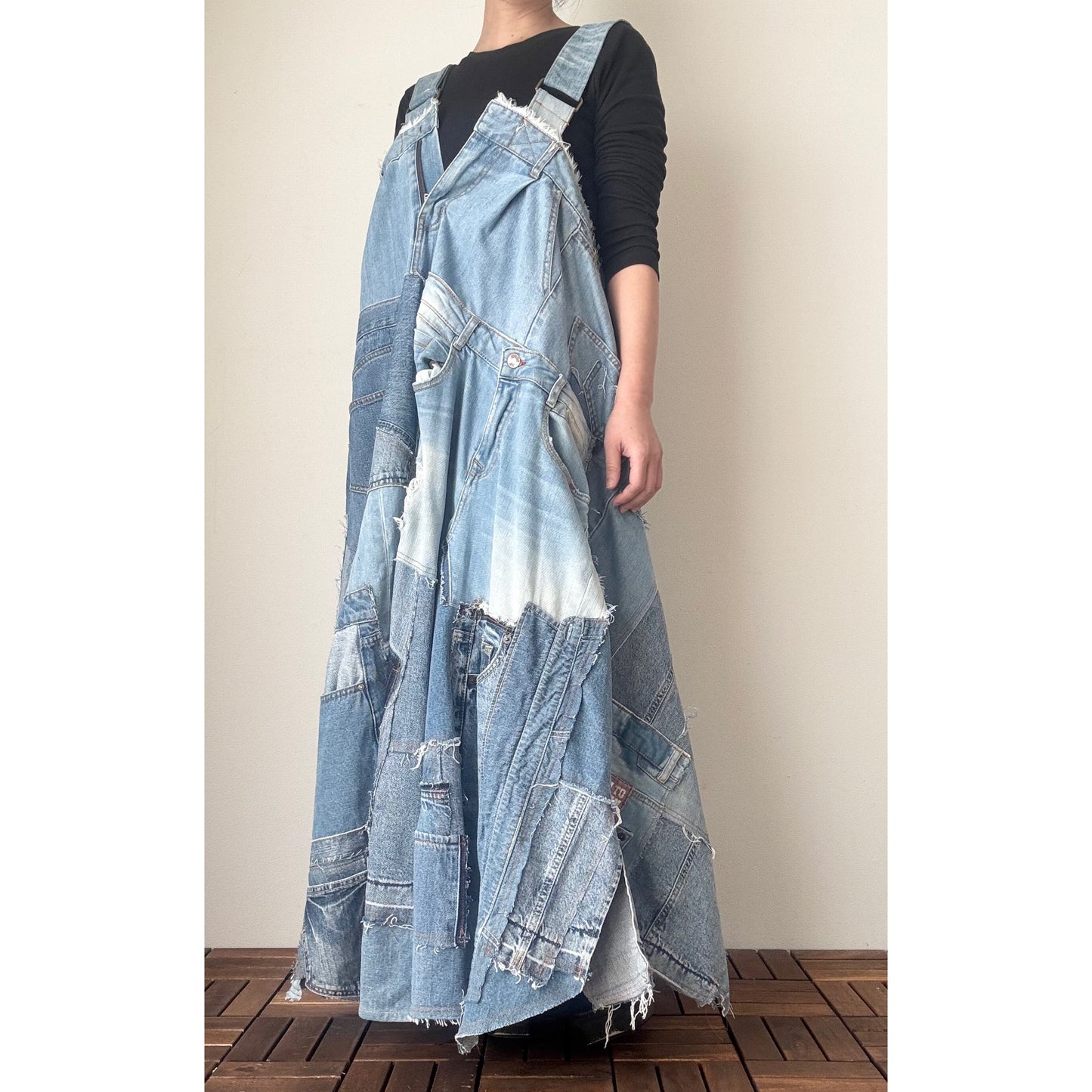 Bold Upcycled Denim Jumper Dress – Asymmetrical Patchwork Maxi, Handmade One-of-a-Kind