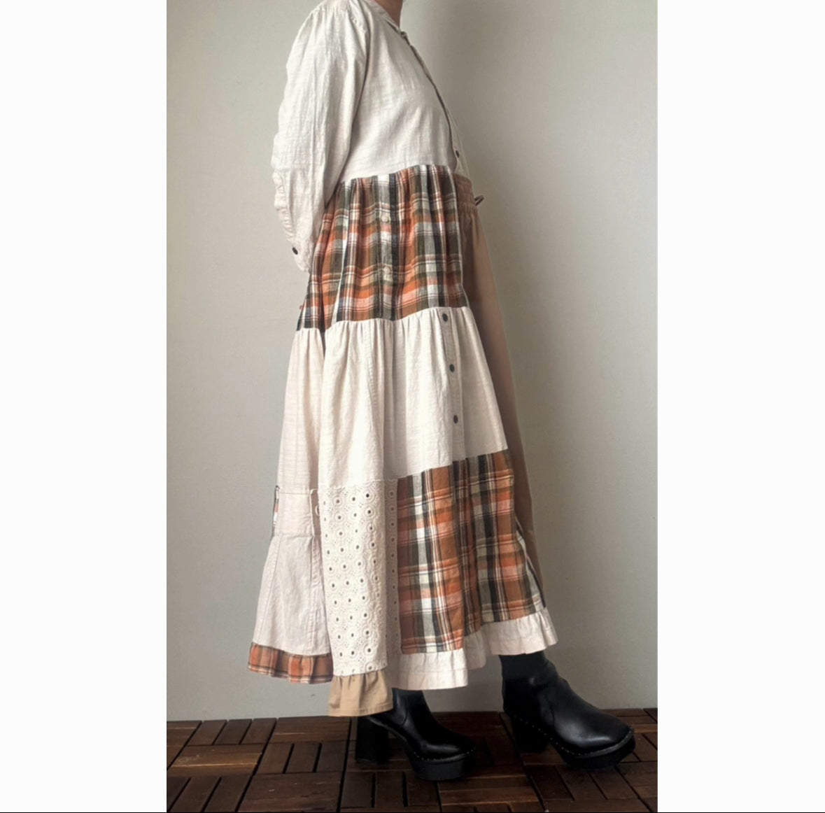 Upcycled Patchwork Maxi Dress – Reconstructed Beige & Plaid One-of-a-Kind Piece