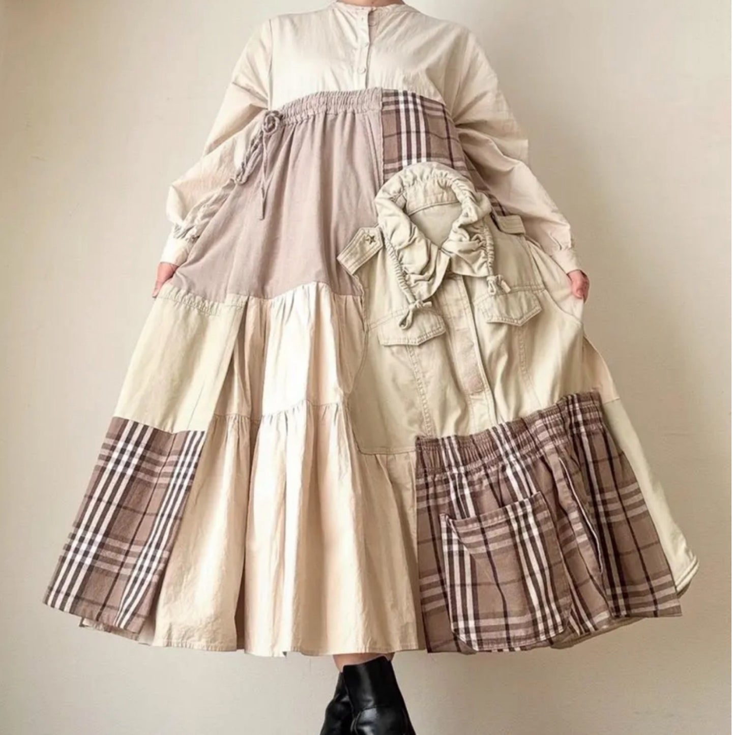 Upcycled Patchwork Midi Dress Crafted from Earth-Tone Secondhand Garments | One-of-a-Kind Handmade Piece