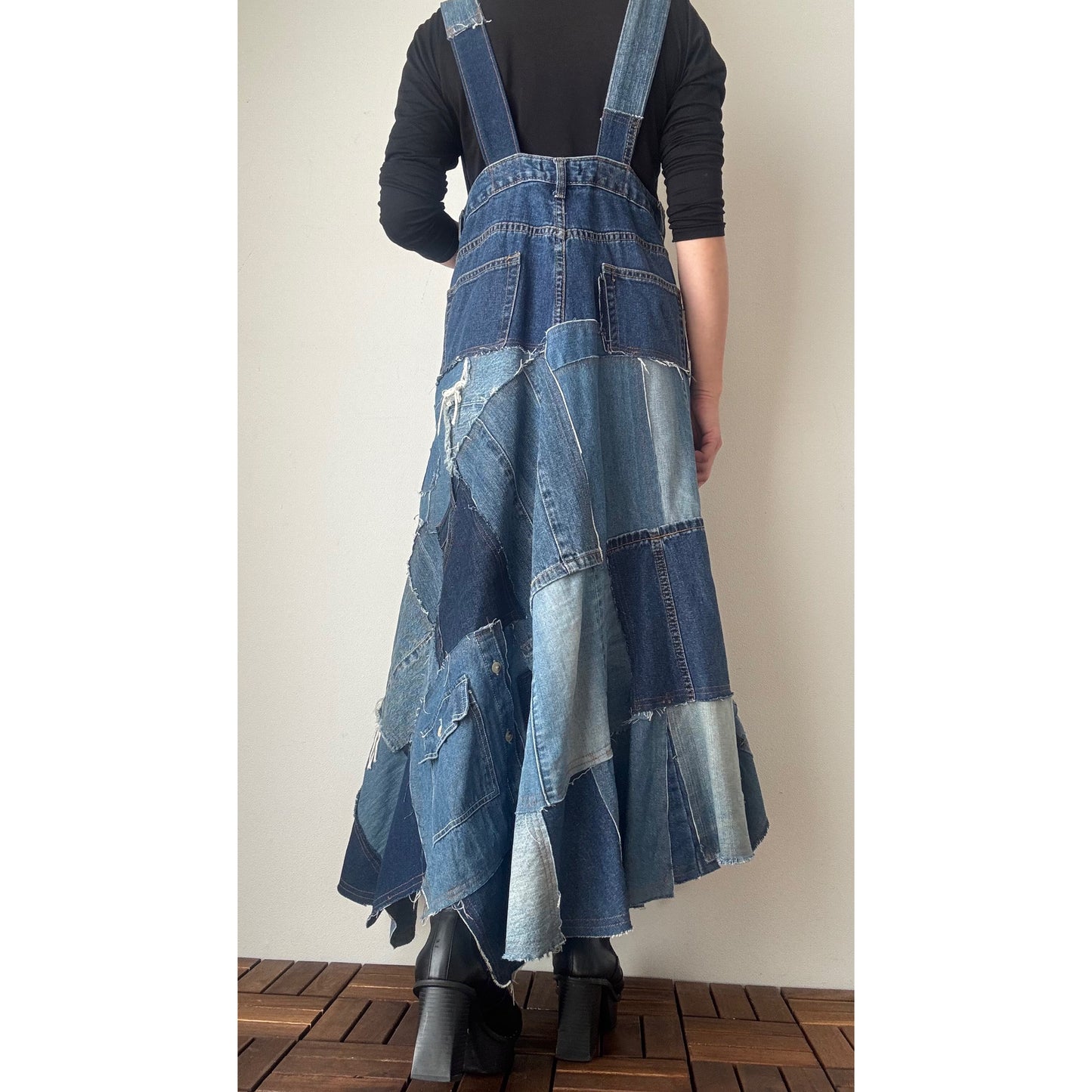 Upcycled Denim Patchwork Jumper Dress – Reconstructed A-Line One-of-a-Kind Piece