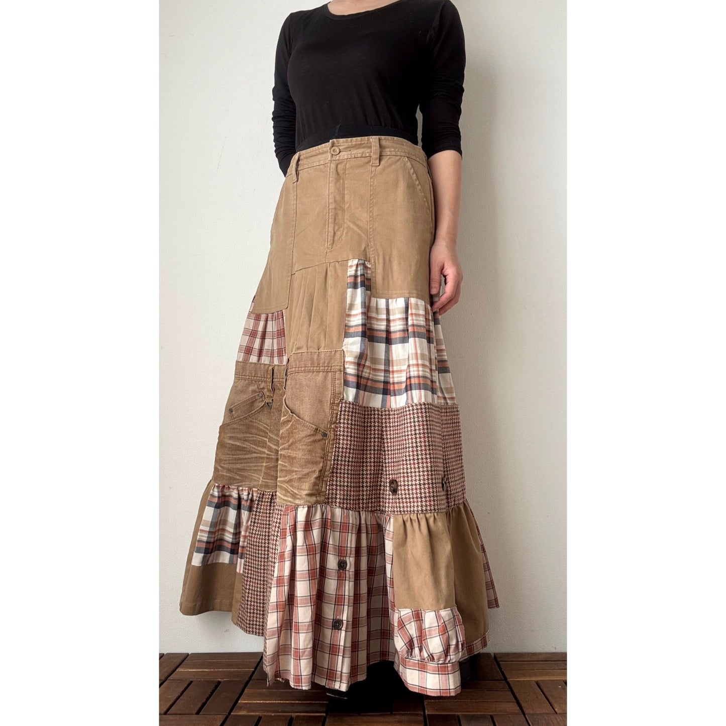 Upcycled Patchwork Maxi Skirt – Long Tiered Skirt with Corduroy, Wool, Plaid & Buttons | M–L | Shipping Included