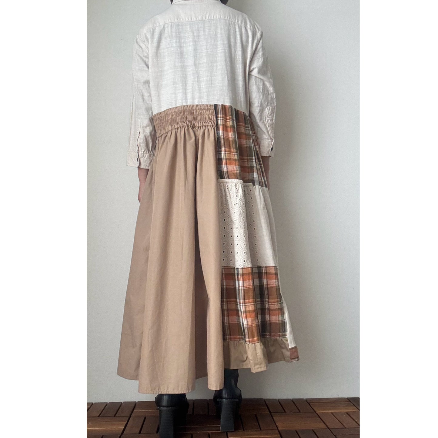 Upcycled Patchwork Maxi Dress – Reconstructed Beige & Plaid One-of-a-Kind Piece