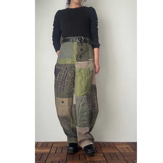 Upcycled Khaki Patchwork Pants, Balloon Silhouette Olive Green Trousers, Handmade Reworked Cotton Linen, One of a Kind