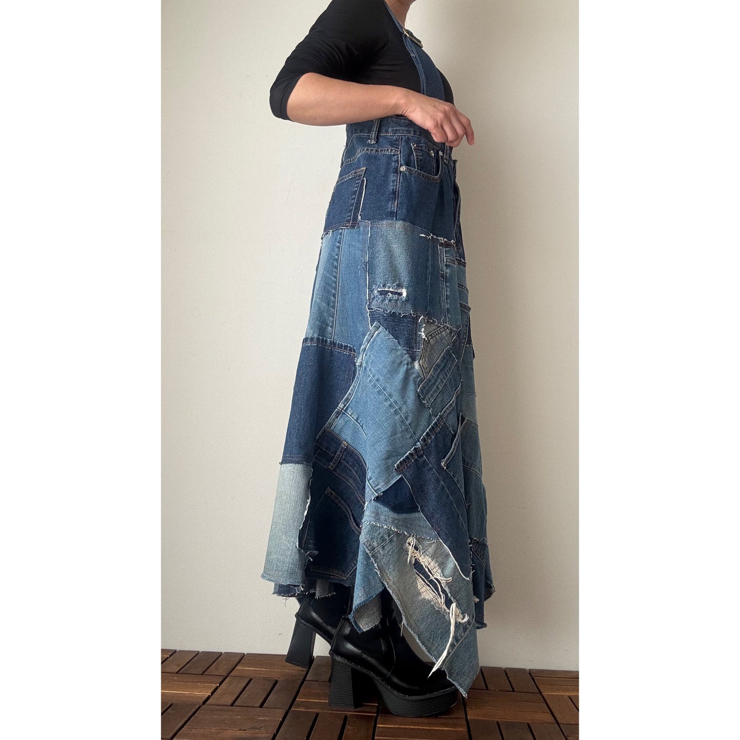 Upcycled Denim Patchwork Jumper Dress – Reconstructed A-Line One-of-a-Kind Piece
