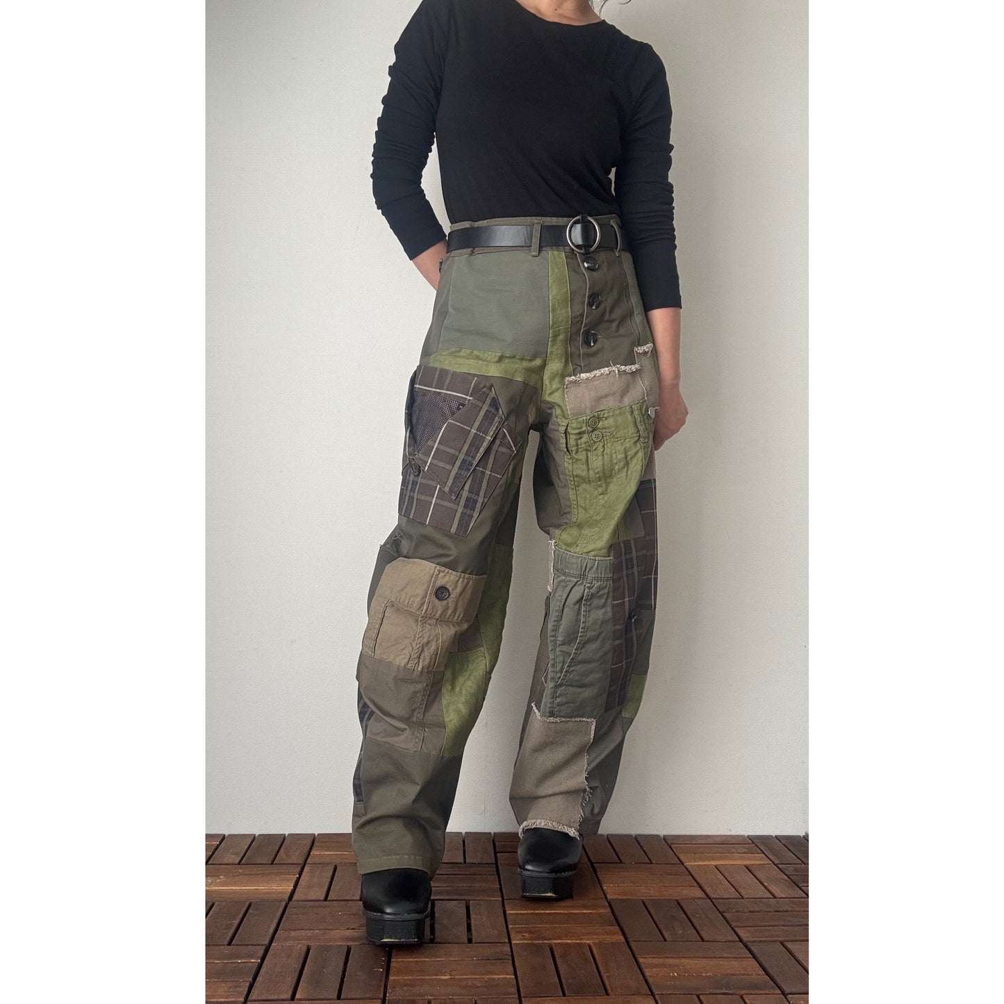Upcycled Khaki Patchwork Pants, Balloon Silhouette Olive Green Trousers, Handmade Reworked Cotton Linen, One of a Kind