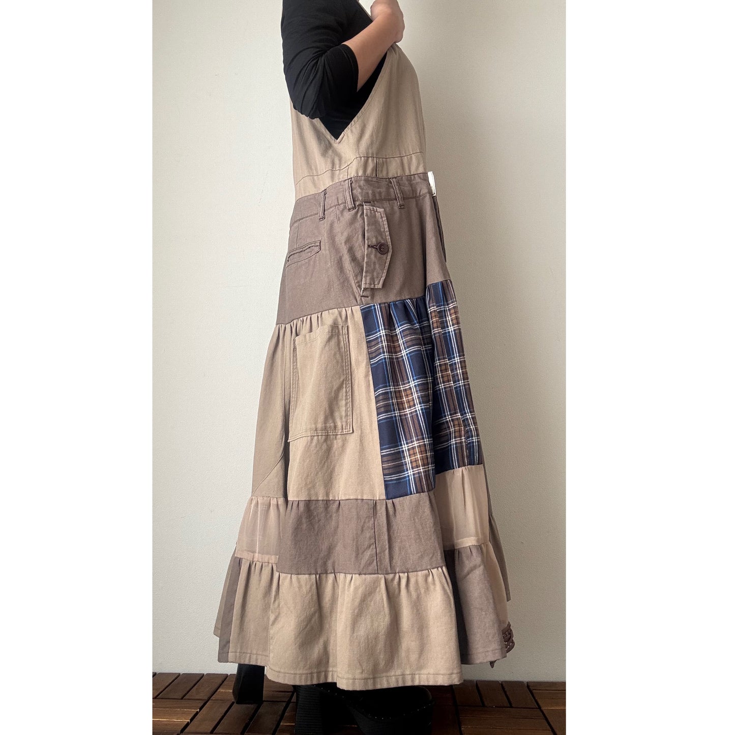 Upcycled Patchwork Jumper Dress – Beige & Navy Plaid Tiered One-of-a-Kind Piece