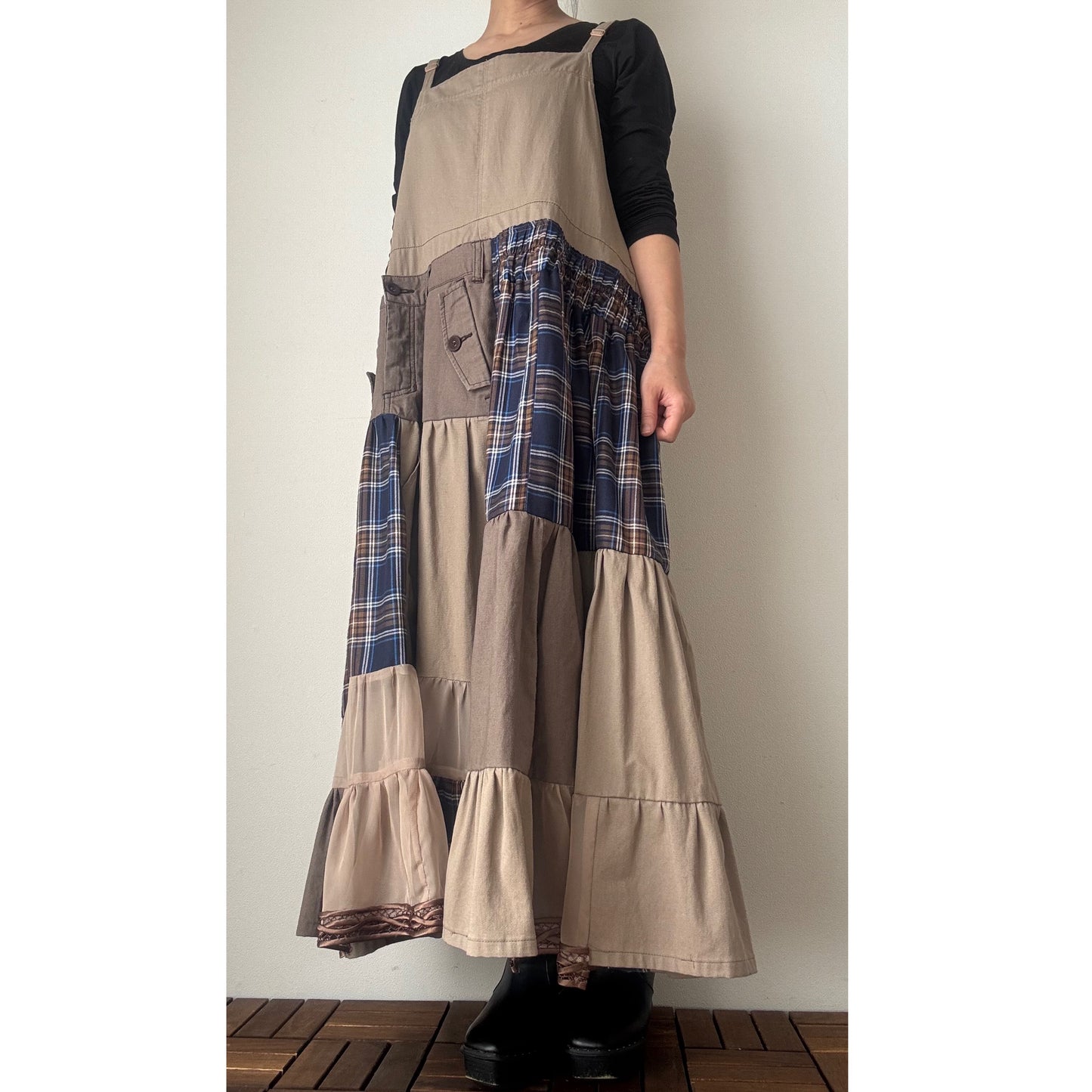 Upcycled Patchwork Jumper Dress – Beige & Navy Plaid Tiered One-of-a-Kind Piece