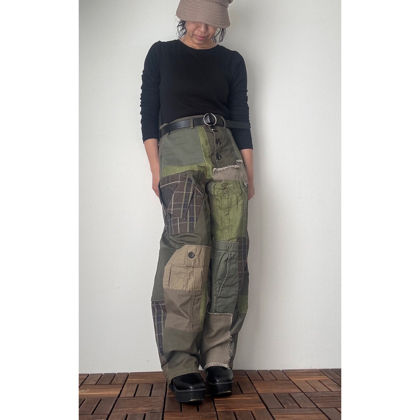 Upcycled Khaki Patchwork Pants, Balloon Silhouette Olive Green Trousers, Handmade Reworked Cotton Linen, One of a Kind
