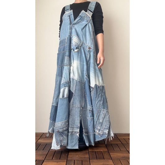 Bold Upcycled Denim Jumper Dress – Asymmetrical Patchwork Maxi, Handmade One-of-a-Kind