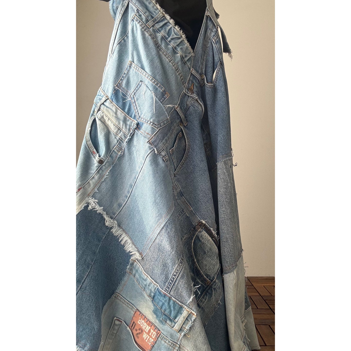 Bold Upcycled Denim Jumper Dress – Asymmetrical Patchwork Maxi, Handmade One-of-a-Kind