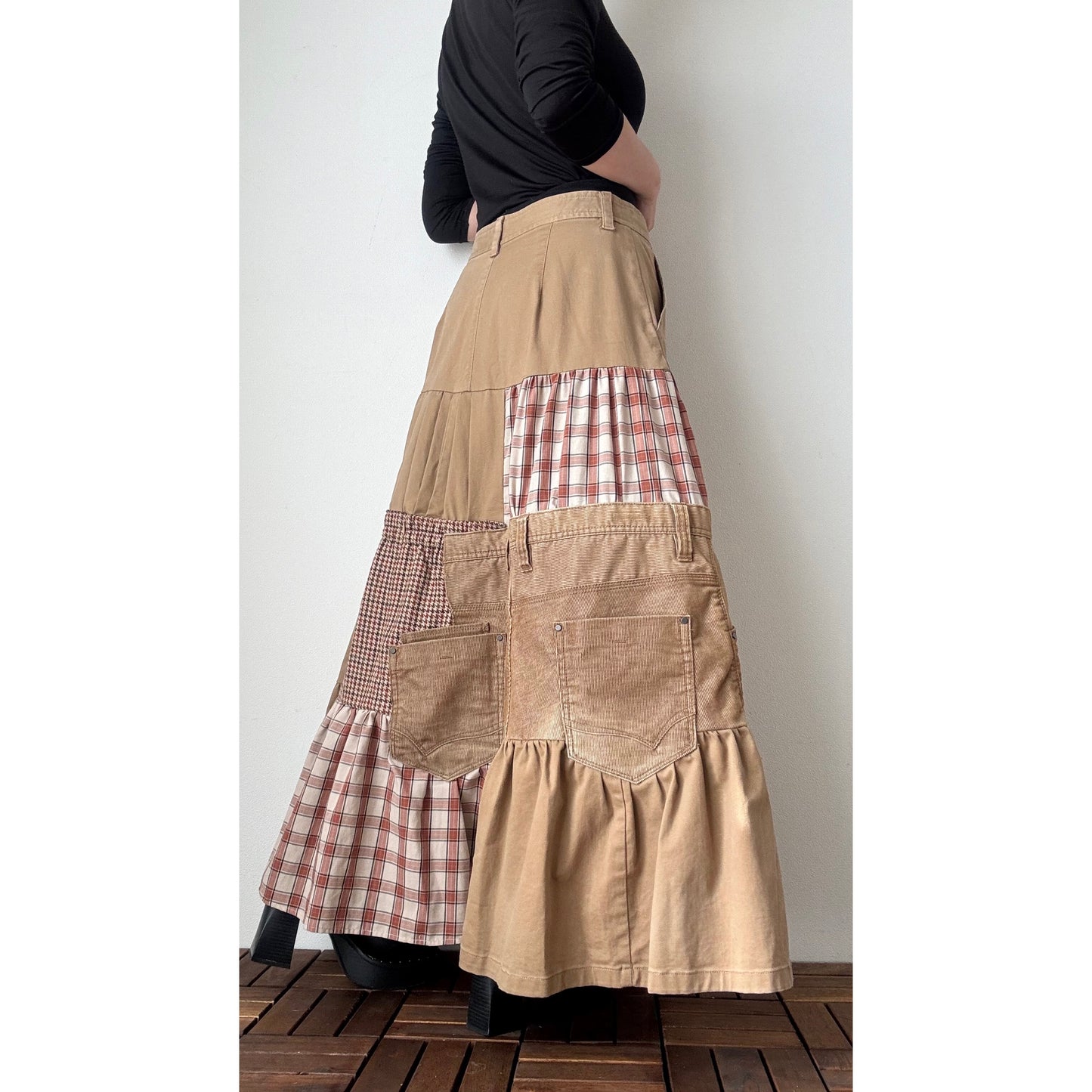 Upcycled Patchwork Maxi Skirt – Long Tiered Skirt with Corduroy, Wool, Plaid & Buttons | M–L | Shipping Included