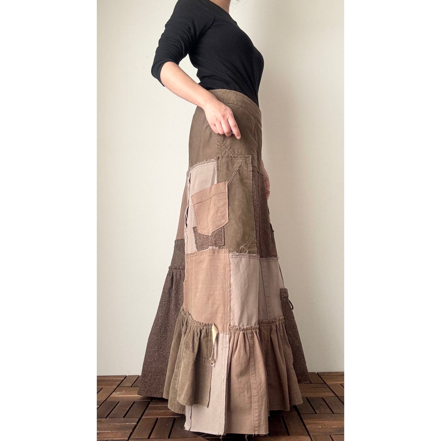 Upcycled Brown Patchwork Maxi Skirt / Mermaid Silhouette / Tweed & Corduroy / Preloved Denim / Fall–Winter