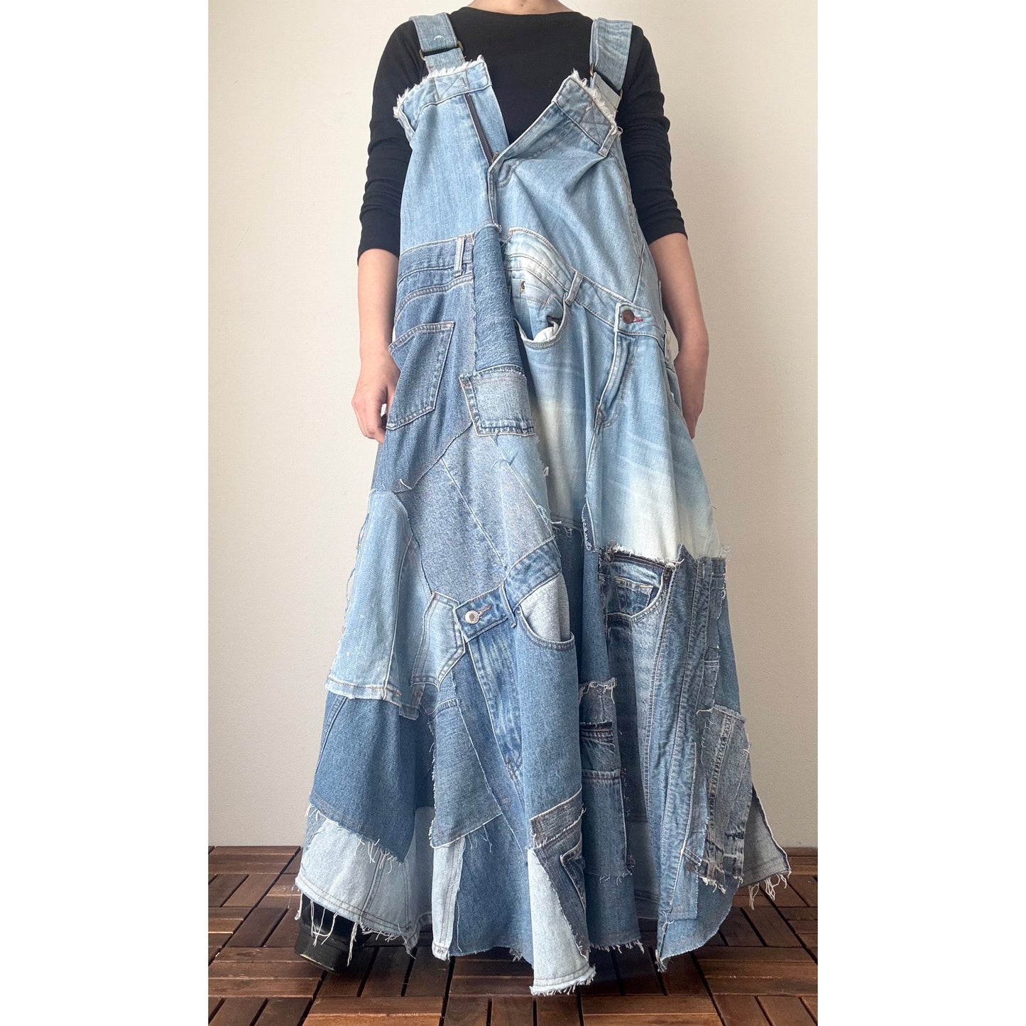 Bold Upcycled Denim Jumper Dress – Asymmetrical Patchwork Maxi, Handmade One-of-a-Kind