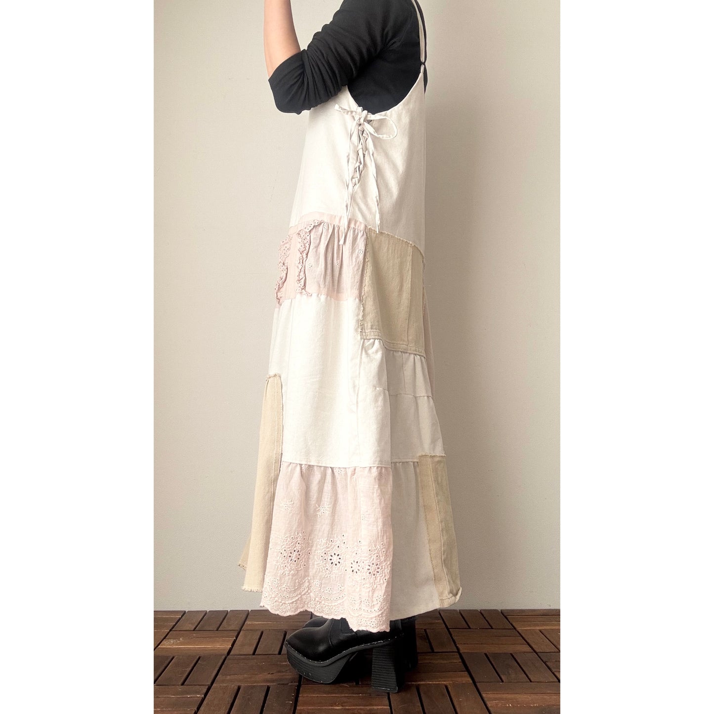 Upcycled Linen & Lace Jumper Dress – Patchwork Maxi with Distressed Denim Details | One-of-a-Kind