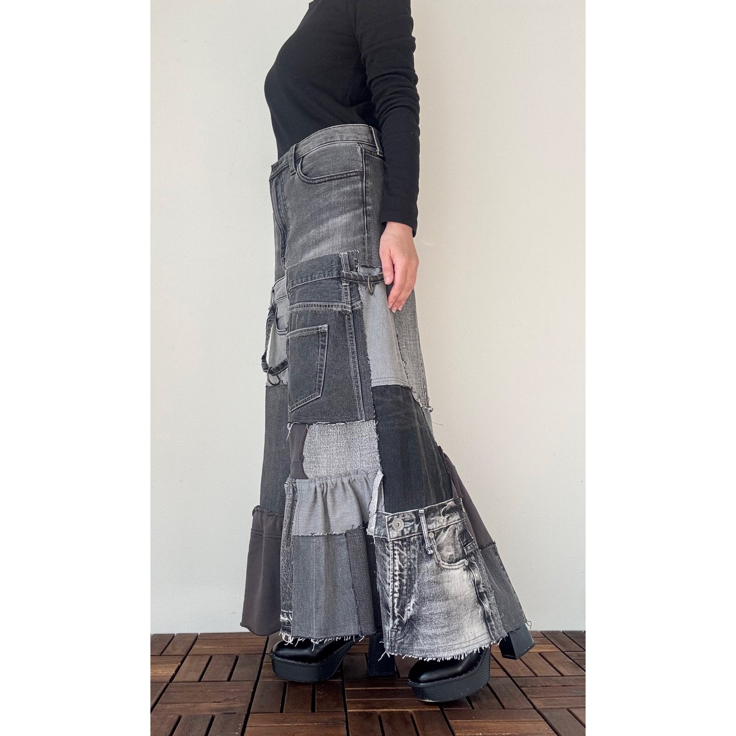 Upcycled Gray Denim Patchwork Long Skirt / Reconstructed Jeans Maxi Skirt / One-of-a-kind Handmade Upcycled Clothing