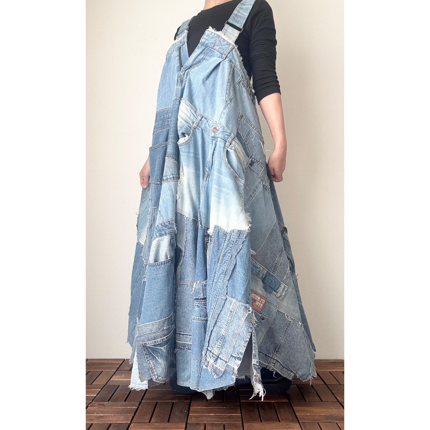 Bold Upcycled Denim Jumper Dress – Asymmetrical Patchwork Maxi, Handmade One-of-a-Kind