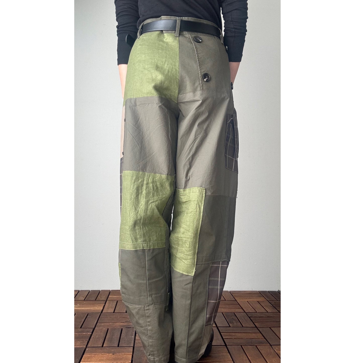 Upcycled Khaki Patchwork Pants, Balloon Silhouette Olive Green Trousers, Handmade Reworked Cotton Linen, One of a Kind