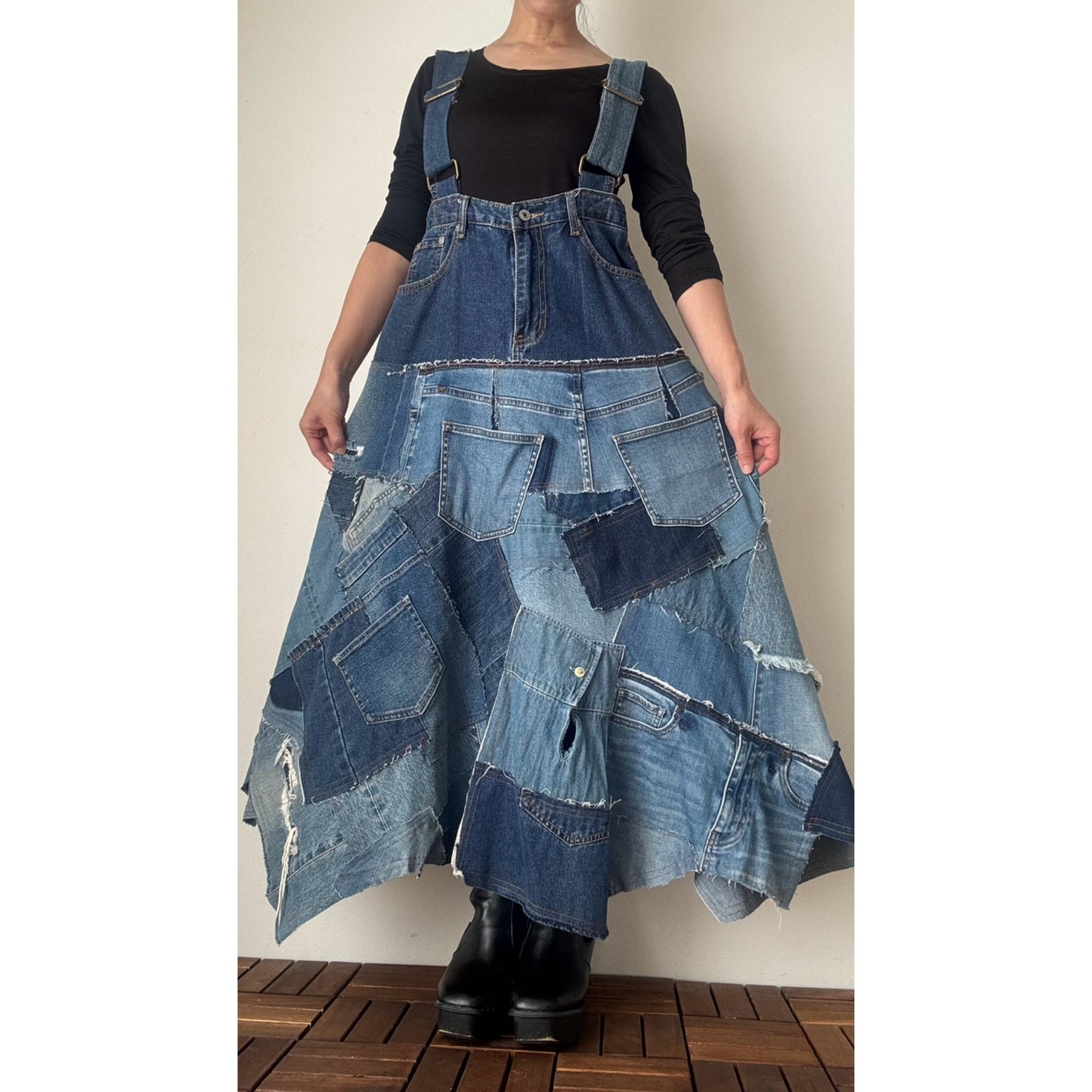 Upcycled Denim Patchwork Jumper Dress – Reconstructed A-Line One-of-a-Kind Piece