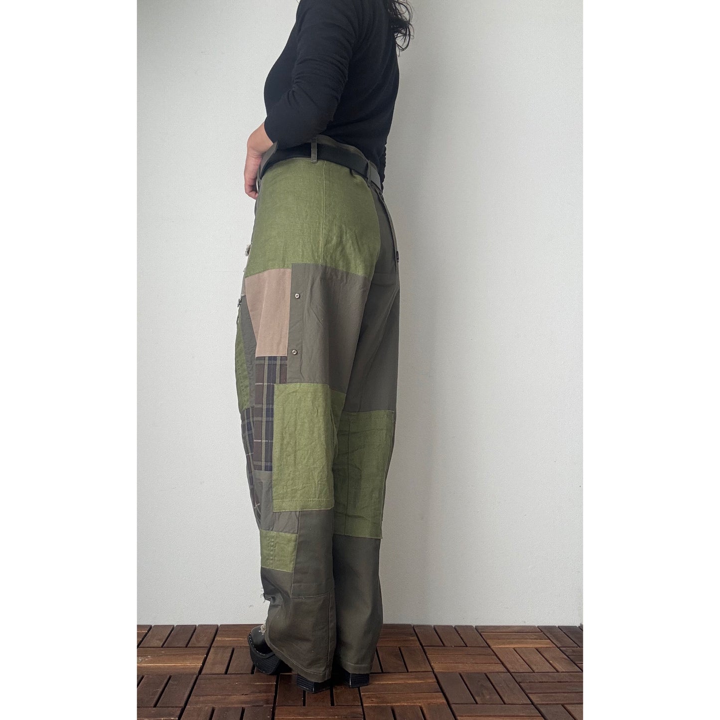 Upcycled Khaki Patchwork Pants, Balloon Silhouette Olive Green Trousers, Handmade Reworked Cotton Linen, One of a Kind