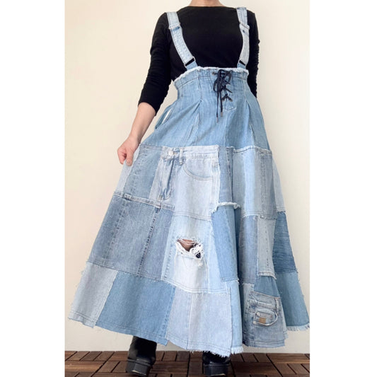 Upcycled Patchwork Denim Jumper Skirt – Lace Up Front, Light Blue Second-Hand Denim, One of a Kind