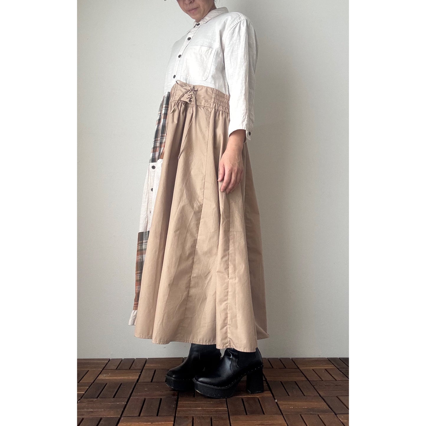 Upcycled Patchwork Maxi Dress – Reconstructed Beige & Plaid One-of-a-Kind Piece