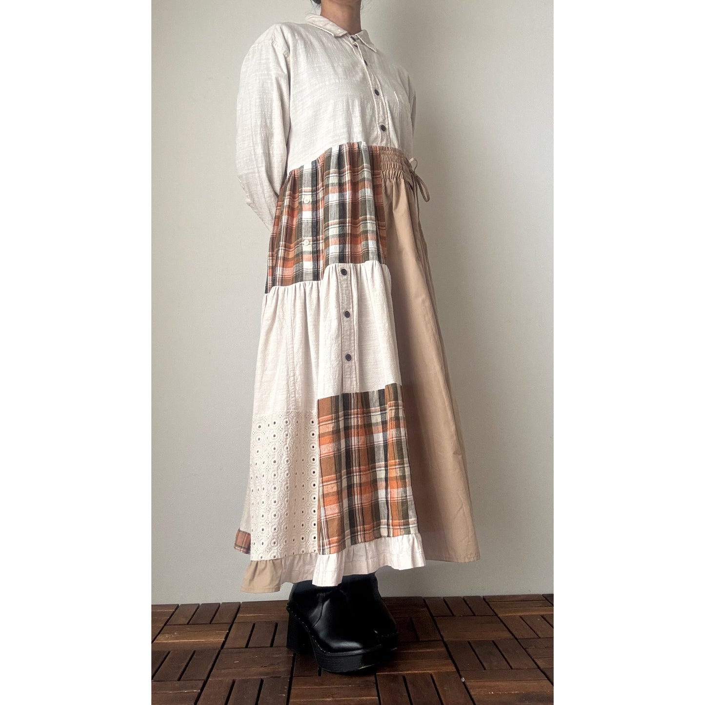 Upcycled Patchwork Maxi Dress – Reconstructed Beige & Plaid One-of-a-Kind Piece
