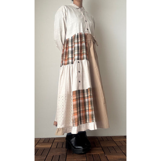 Upcycled Patchwork Maxi Dress – Reconstructed Beige & Plaid One-of-a-Kind Piece