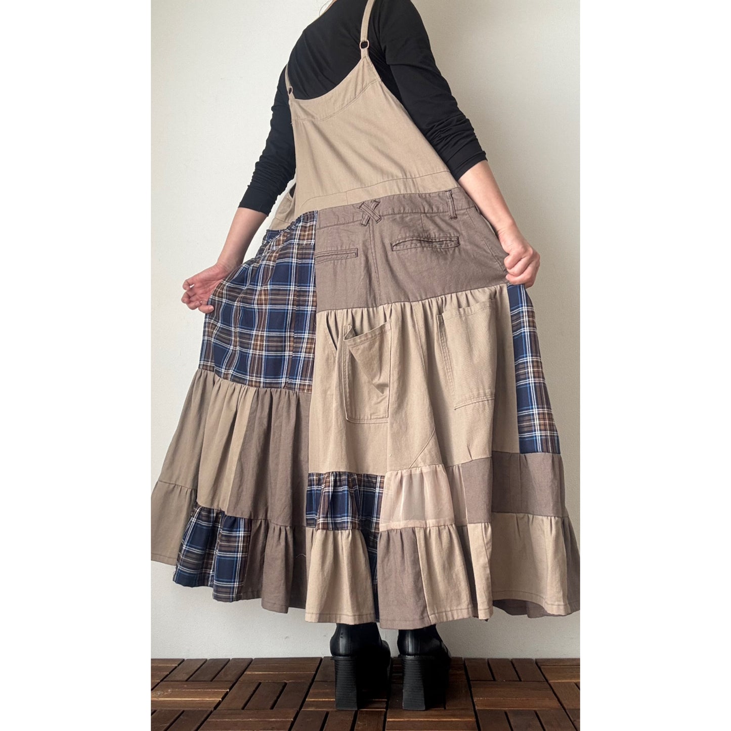 Upcycled Patchwork Jumper Dress – Beige & Navy Plaid Tiered One-of-a-Kind Piece