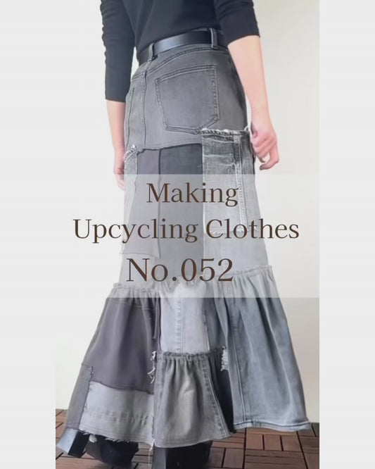 Upcycled Gray Denim Patchwork Long Skirt / Reconstructed Jeans Maxi Skirt / One-of-a-kind Handmade Upcycled Clothing