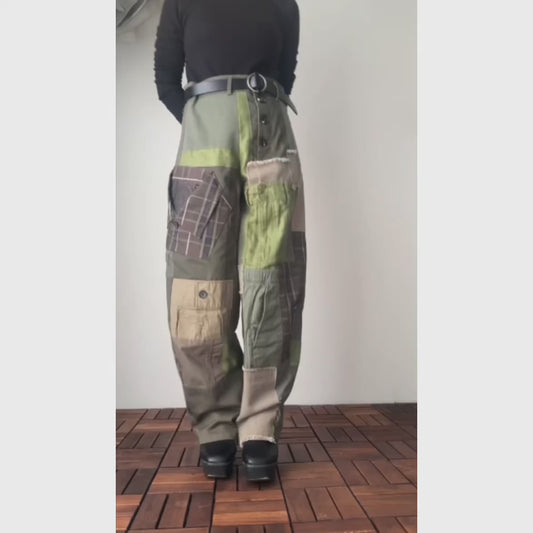 Upcycled Khaki Patchwork Pants, Balloon Silhouette Olive Green Trousers, Handmade Reworked Cotton Linen, One of a Kind