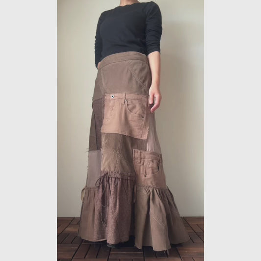 Upcycled Brown Patchwork Maxi Skirt / Mermaid Silhouette / Tweed & Corduroy / Preloved Denim / Fall–Winter