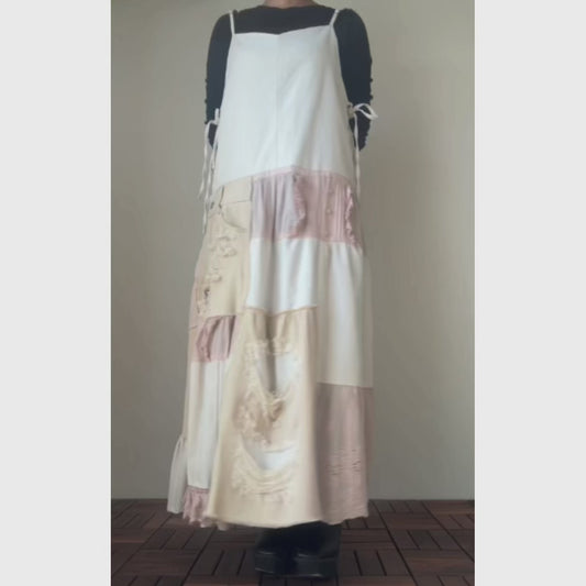 Upcycled Linen & Lace Jumper Dress – Patchwork Maxi with Distressed Denim Details | One-of-a-Kind