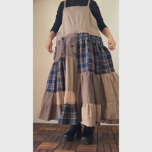 Upcycled Patchwork Jumper Dress – Beige & Navy Plaid Tiered One-of-a-Kind Piece