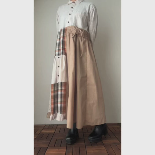 Upcycled Patchwork Maxi Dress – Reconstructed Beige & Plaid One-of-a-Kind Piece