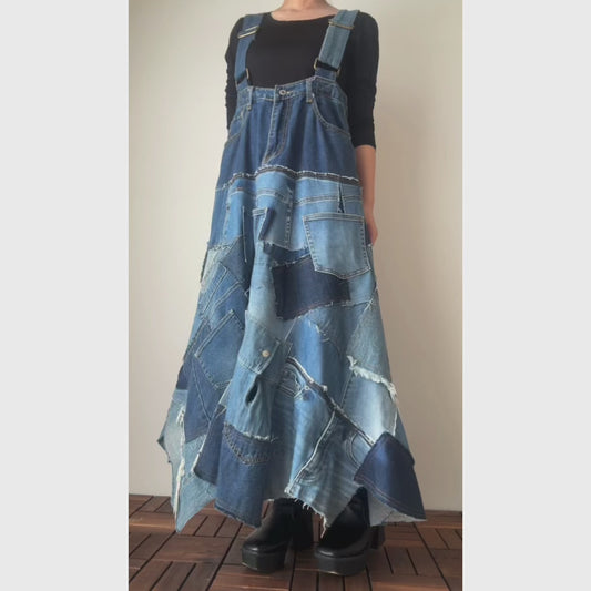 Upcycled Denim Patchwork Jumper Dress – Reconstructed A-Line One-of-a-Kind Piece